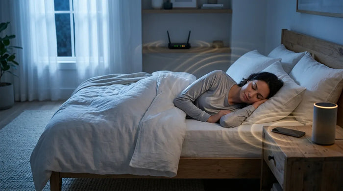 Person sleeping peacefully in silver-fiber sleepwear surrounded by glowing electronic devices in serene bedroom