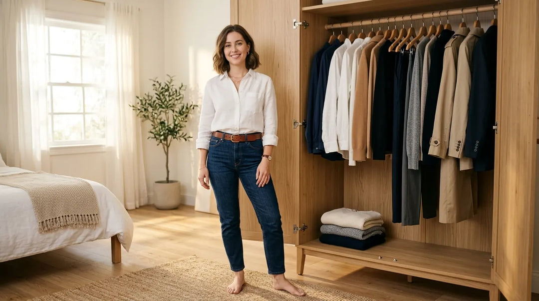 Stylish woman standing before a curated minimalist capsule wardrobe in warm morning light