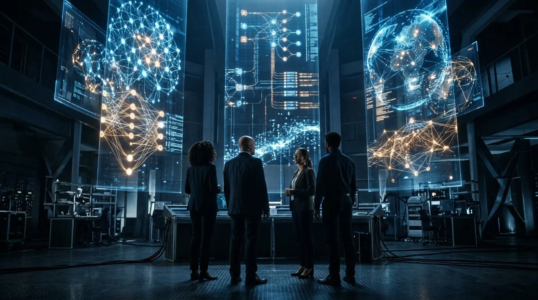Professionals silhouetted against massive holographic AI neural network displays in futuristic control room, contemplative mo