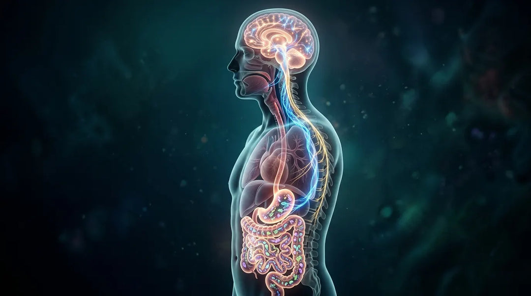 Glowing neural pathway connecting brain to illuminated gut microbiome, serene scientific mood