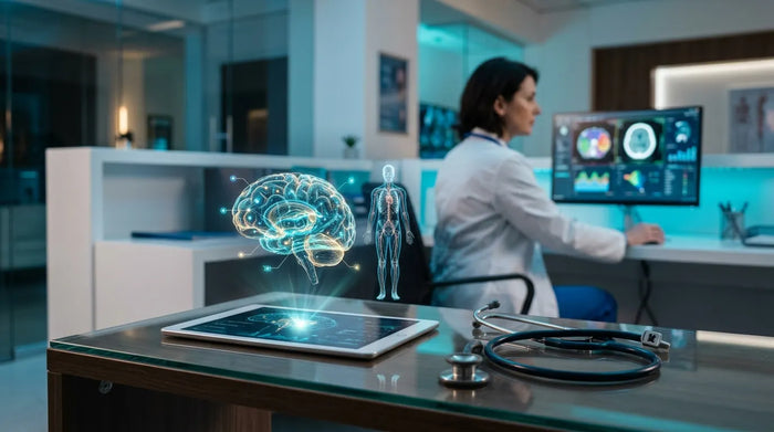 Holographic medical scan floating above tablet beside stethoscope in modern clinical setting