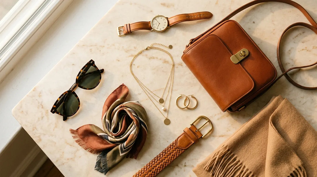 Curated flat lay of versatile fashion accessories on marble surface in warm editorial light