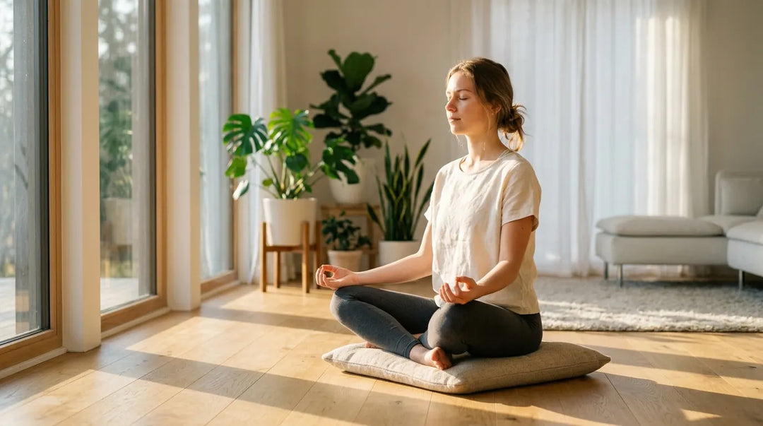 Serene person meditating cross-legged in sunlit minimalist living room, peaceful morning atmosphere