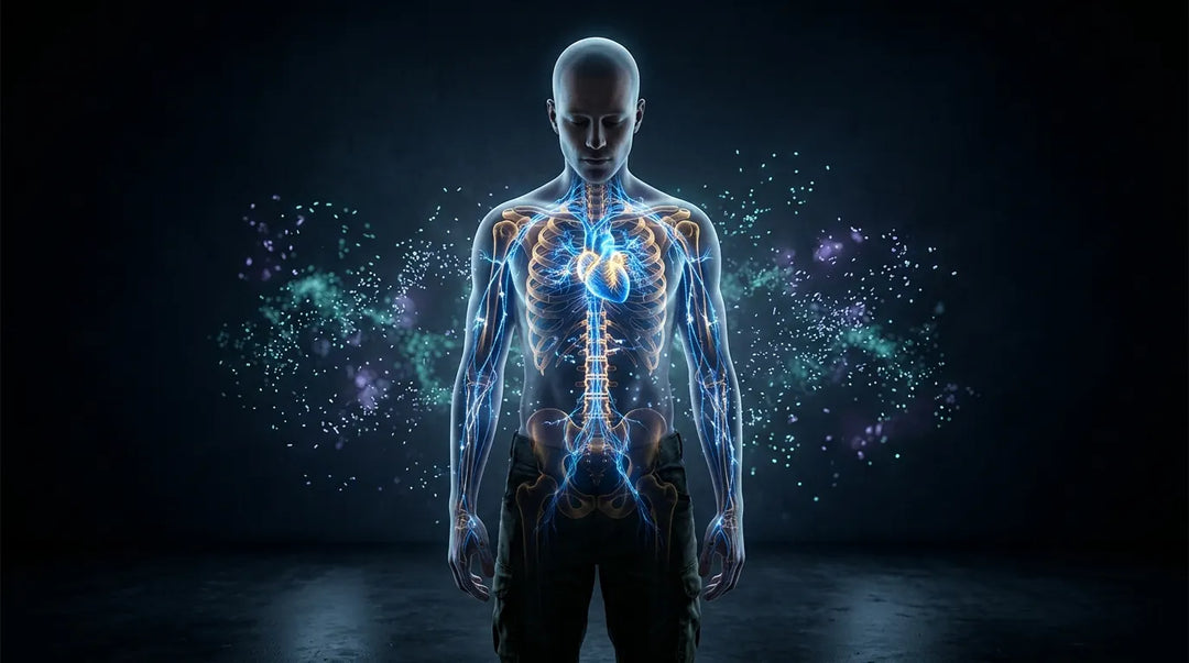 Digital illustration of human figure with glowing blue cardiovascular and nervous system networks