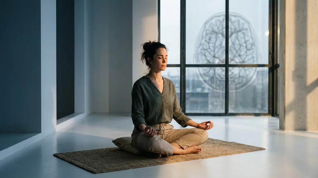 Woman sitting in meditation pose on textured mat in bright minimalist room with large windows