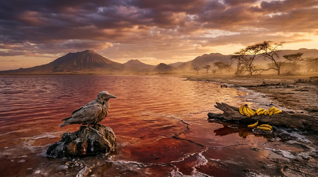 Surreal red Lake Natron with calcified bird, acacia trees, and bananas at dramatic golden hour
