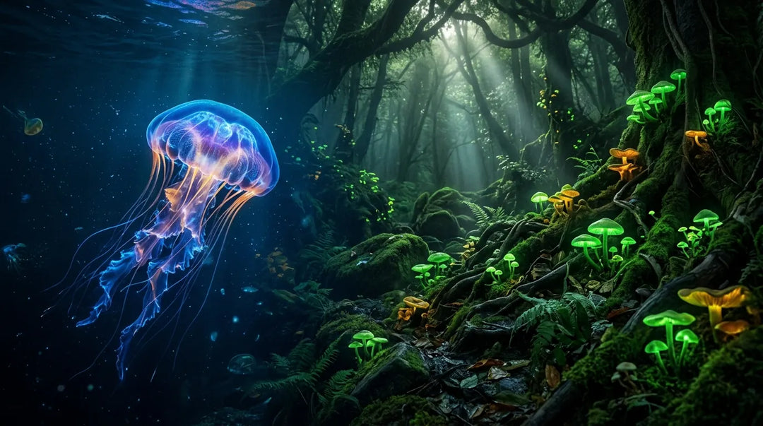Glowing jellyfish in dark water beside luminous forest fungi, mysterious and wondrous mood