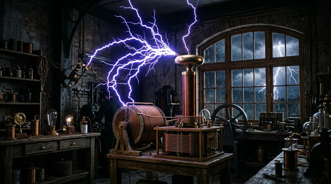 Vintage Tesla coil shooting electrical arcs in a dark 1800s laboratory with stormy sky