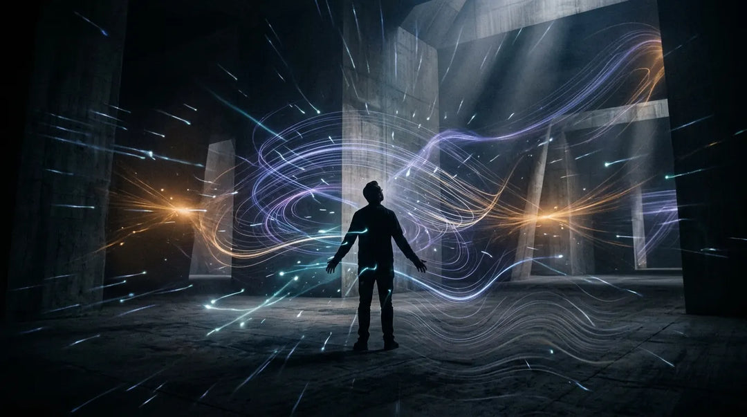 Silhouetted person surrounded by glowing invisible force fields and streaming particles in dark dramatic space