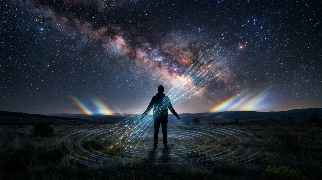 Person standing under starry sky surrounded by glowing invisible force particles, cosmic wonder