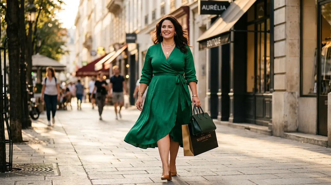Confident plus-size woman in tailored green dress walking sunlit city sidewalk with shopping bag