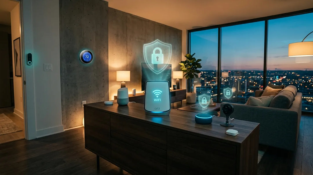 Smart home devices surrounding a glowing router with holographic security shields in moody modern living room