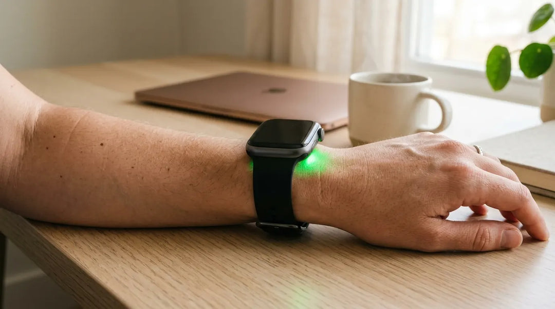 Smartwatch on wrist showing green heart rate sensor, contemplative minimalist desk setting