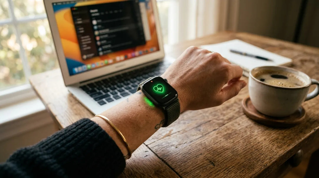Smartwatch displaying heart rate sensor on wrist at desk, warm natural light
