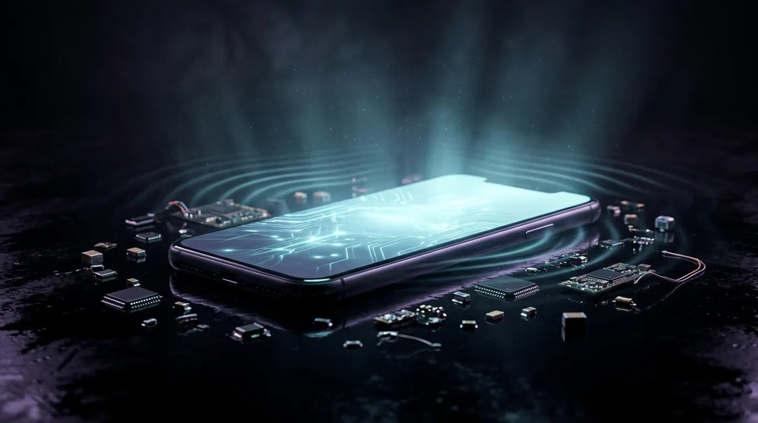 Glowing smartphone emitting blue light surrounded by scattered microchips on dark reflective surface, moody atmosphere