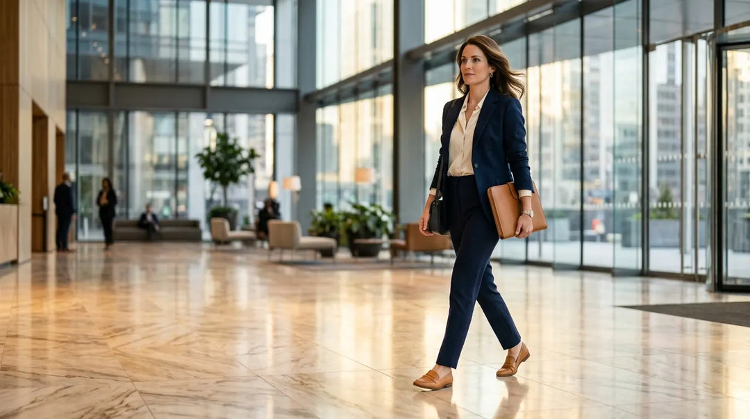 Confident professional woman in tailored navy blazer walking through sunlit corporate lobby