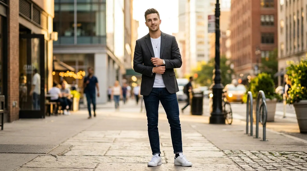 Stylish man in fitted blazer over white tee and dark jeans on sunlit city street