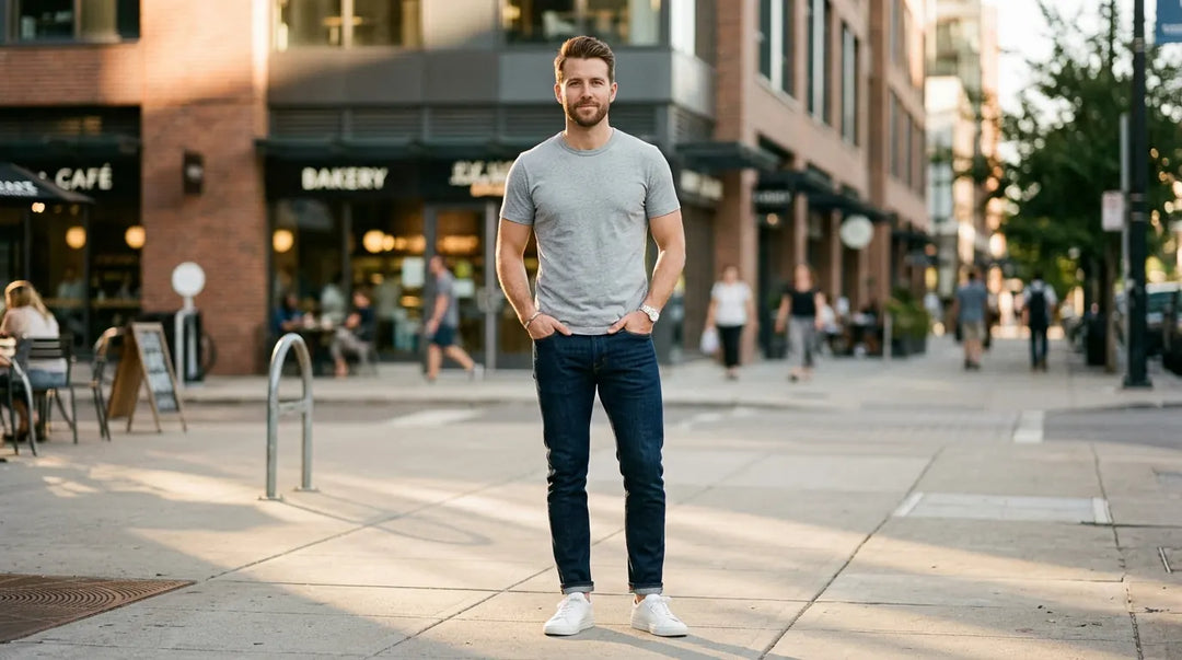 Stylish man in fitted dark jeans and gray t-shirt on sunlit urban sidewalk