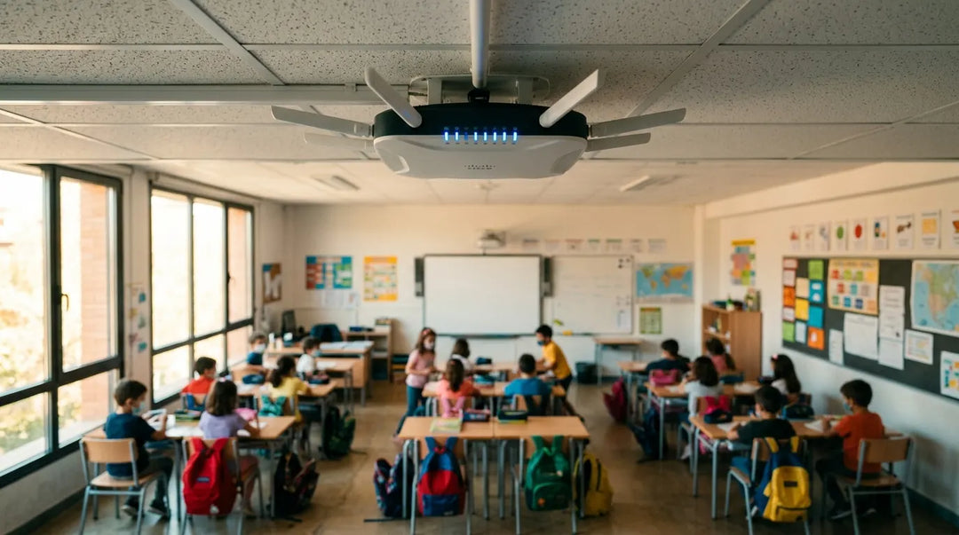 Commercial Wi-Fi router glowing on school classroom ceiling above children's desks, unsettling mood
