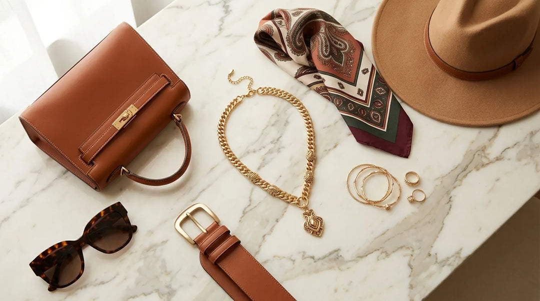 Curated fashion accessories flat lay on marble surface with warm editorial lighting
