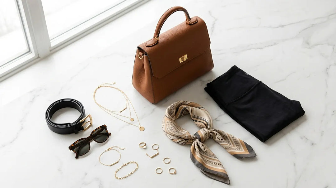 Curated fashion accessories and leggings arranged on marble surface in warm editorial flat lay