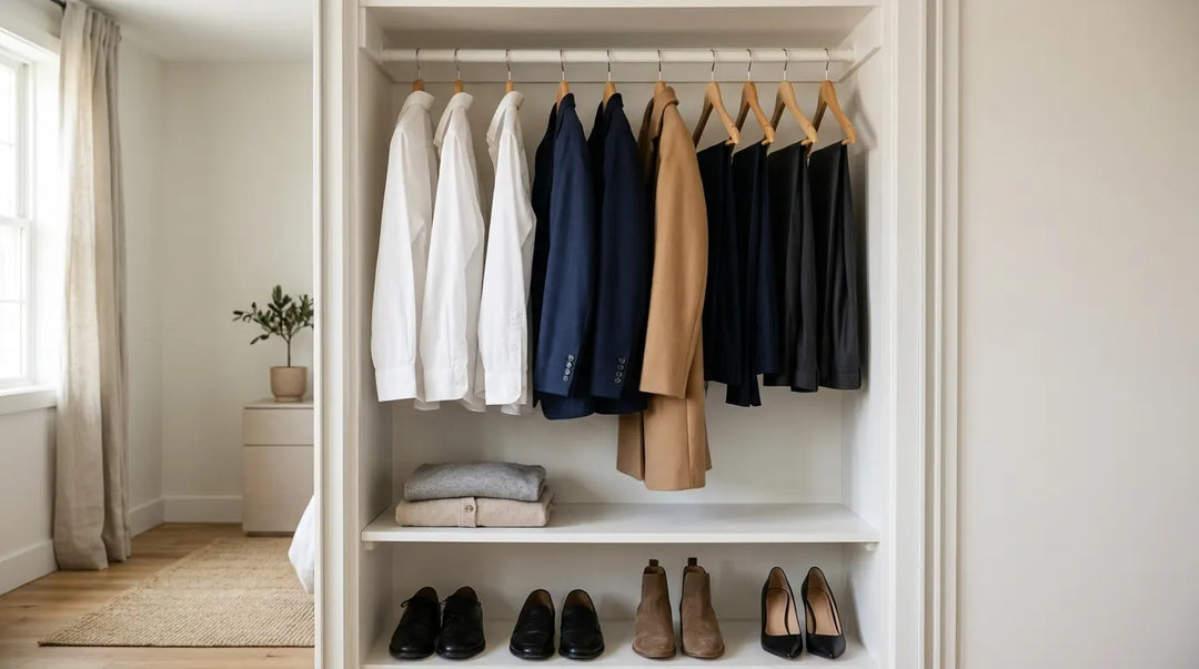 Curated minimalist professional wardrobe with blazers, shirts, and trousers in warm light