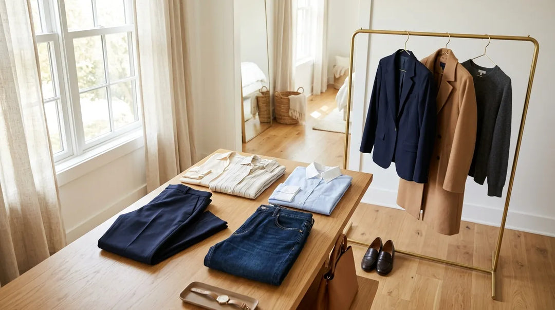 Curated capsule work wardrobe essentials arranged on wooden surface near sunlit window
