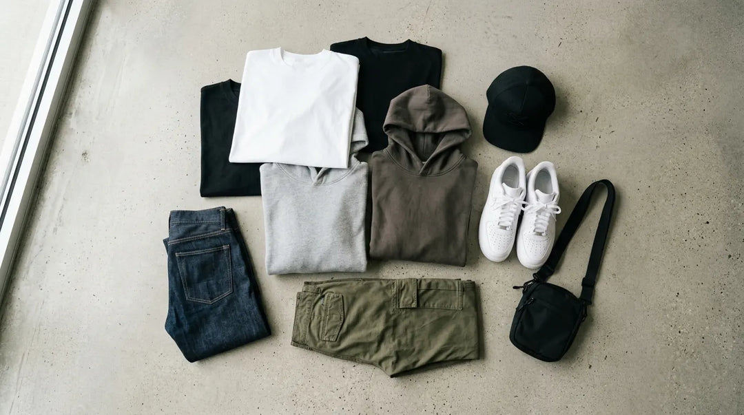 Curated streetwear essentials flat lay on concrete including hoodies sneakers jeans and cap