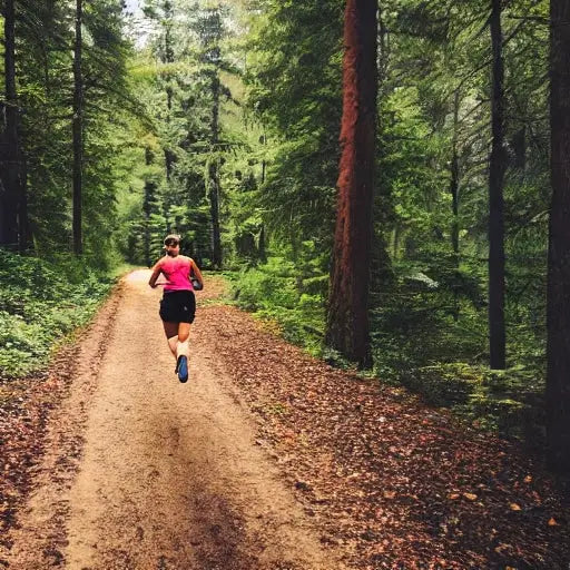 Runner jogging on forest trail surrounded by tall trees and green foliage