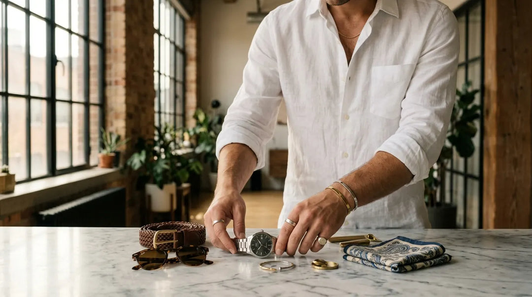 Stylish man selecting curated accessories from marble surface in warm natural light