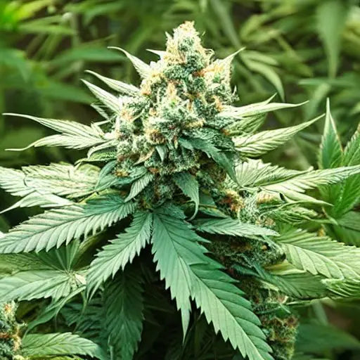 Cannabis plant with dense flowering bud surrounded by serrated green leaves