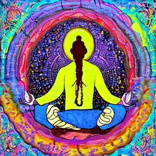 Silhouette meditating figure in neon yellow jacket surrounded by vibrant concentric circles