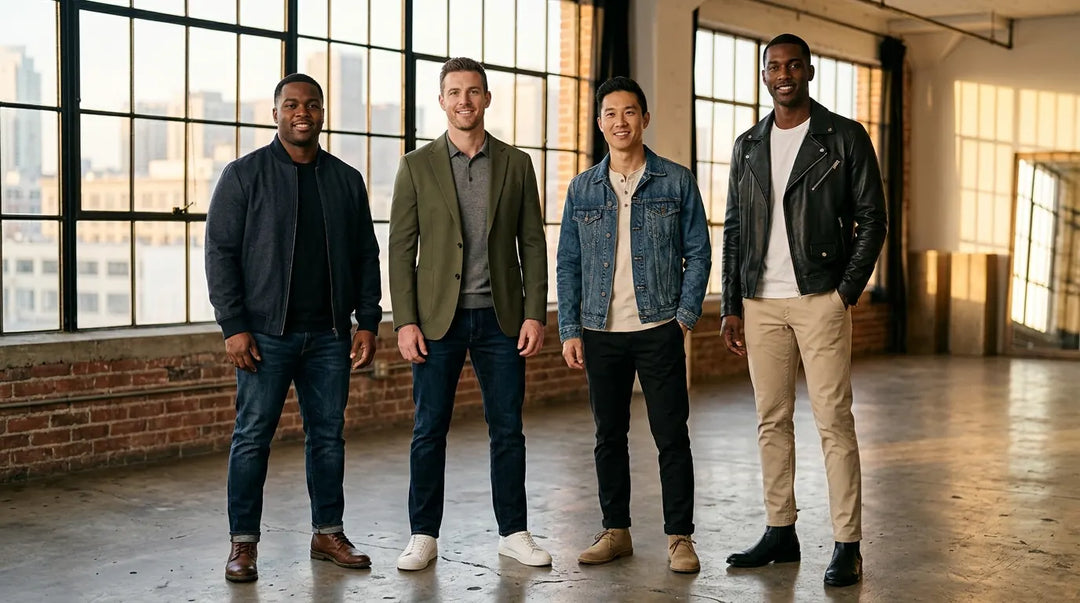 Four diverse men with different body types wearing perfectly fitted stylish outfits in bright loft