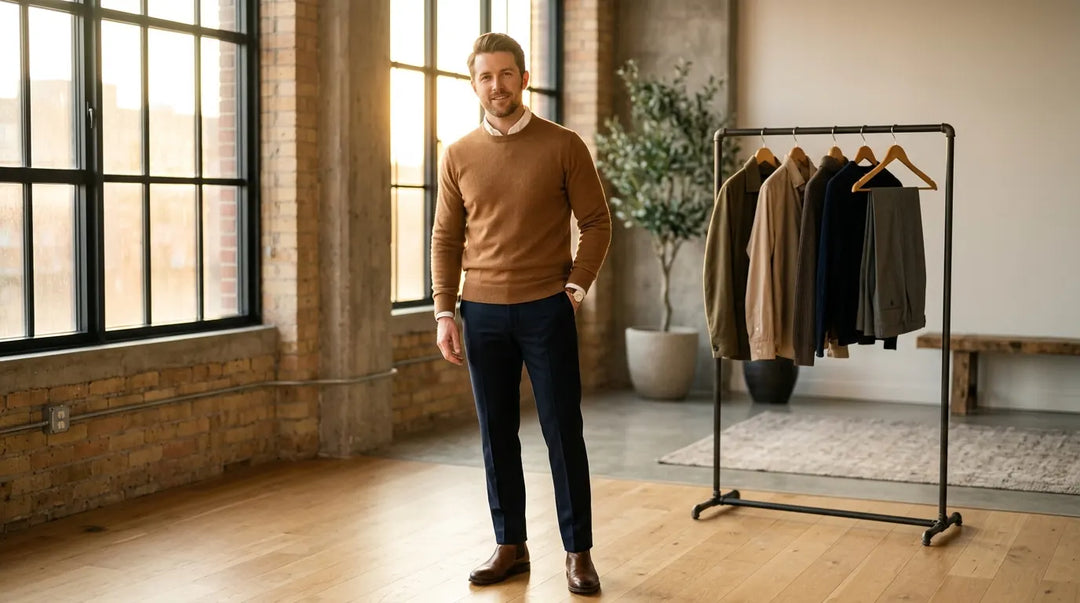 Stylish man in fitted camel sweater standing in sunlit minimalist loft with curated wardrobe
