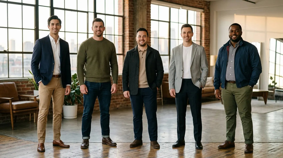 Five men with different body types wearing well-tailored menswear in bright loft