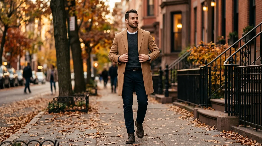 Stylish man in layered autumn outfit with sweater and overcoat on city street