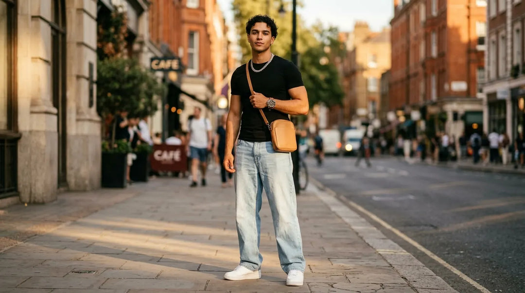 Stylish man in baggy jeans accessorized with watch, chain, and crossbody bag on urban street