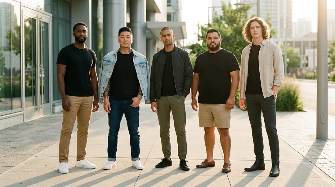 Diverse men in styled black t-shirt outfits standing confidently in golden hour urban setting