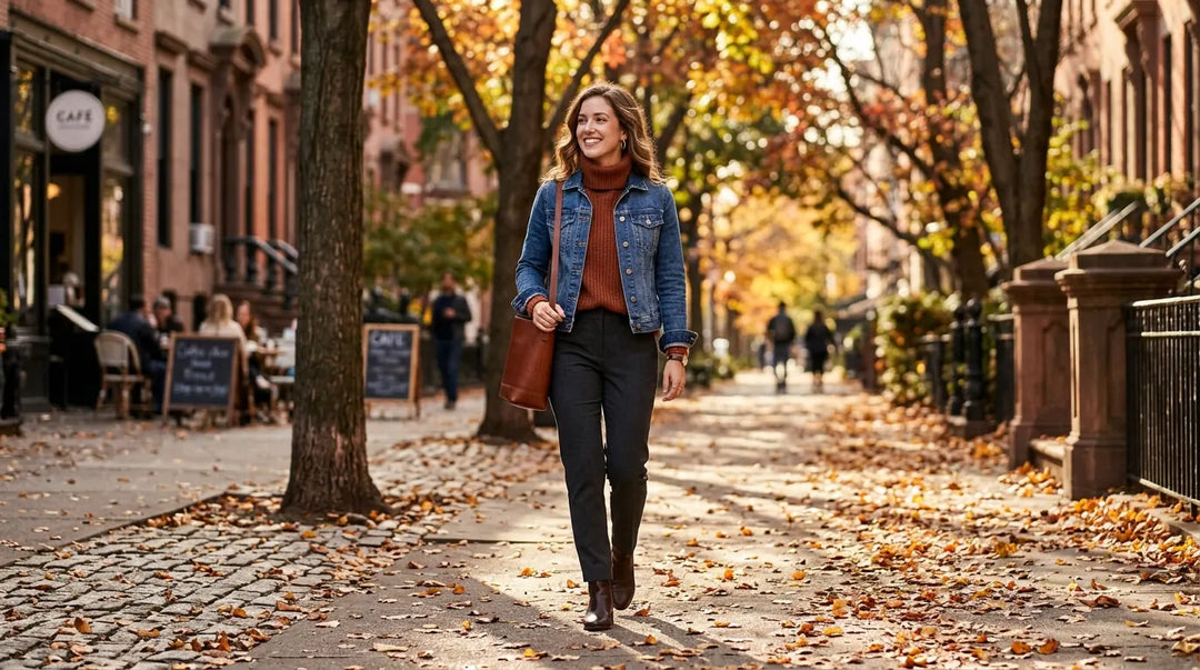 Stylishly layered person walking autumn city sidewalk amid golden fallen leaves, editorial mood