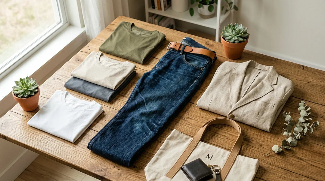 Minimalist capsule wardrobe flat-lay with neutral earth-toned clothing on warm wood surface