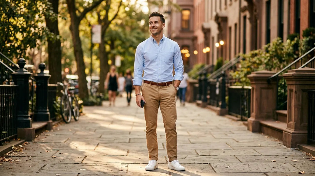 Stylish man in oxford shirt and tan chinos on sunlit city sidewalk, preppy casual confidence