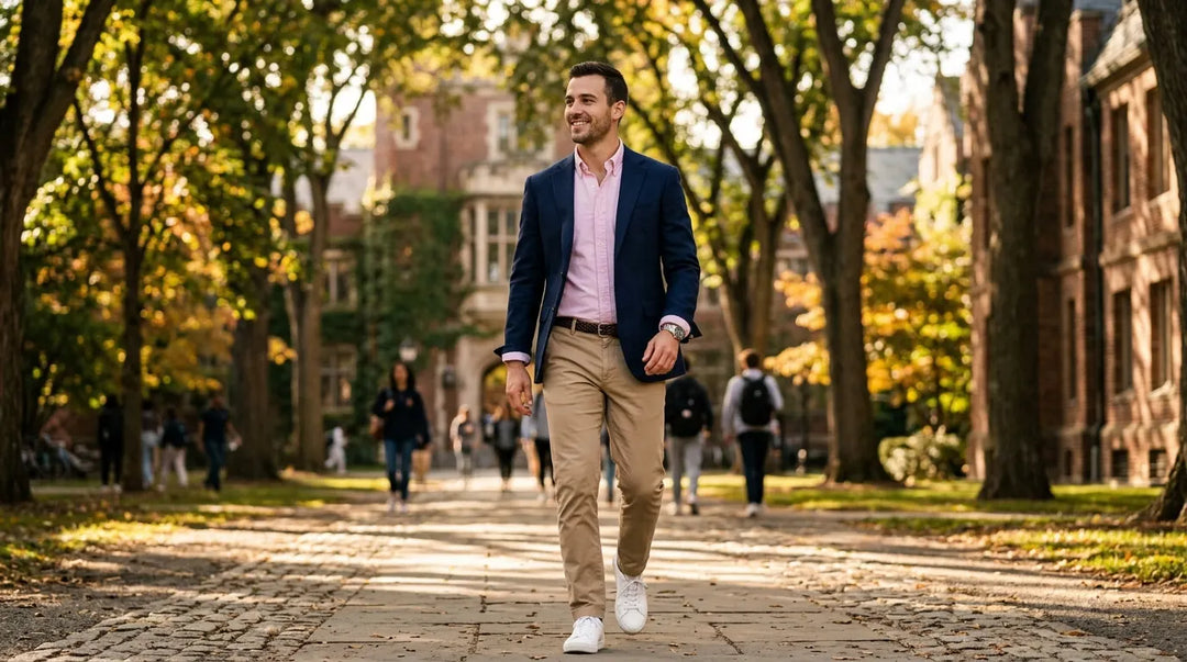 Stylish man in navy blazer and khaki chinos walking confidently through sunlit campus pathway