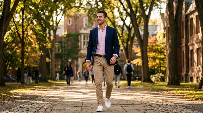 Stylish man in navy blazer and khaki chinos walking confidently through sunlit campus pathway