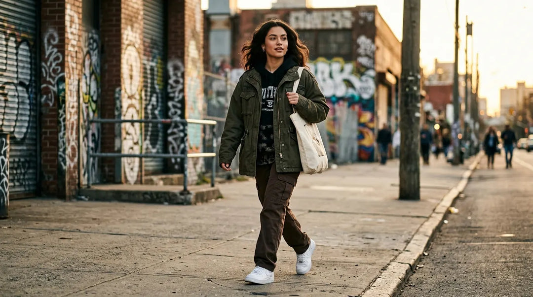 Confident person in layered streetwear walking through urban golden-hour setting