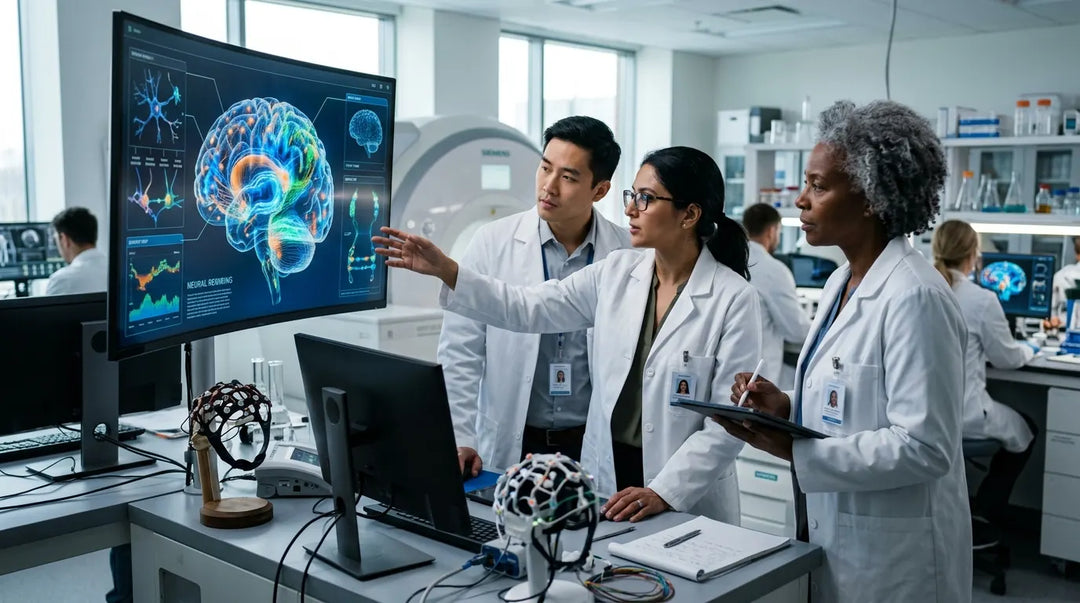 Scientists in lab coats examine brain imaging display showing neural activity visualization