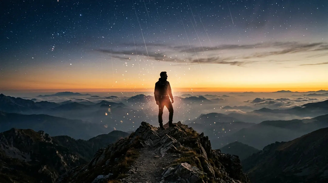 Glowing human silhouette on mountain ridge beneath cosmic rays at golden hour, evoking wonder