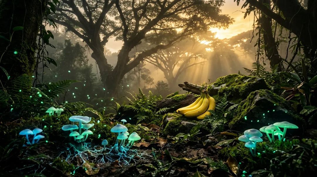 Bioluminescent fungi, bananas, and acacia trees in ethereal sunlit forest scene