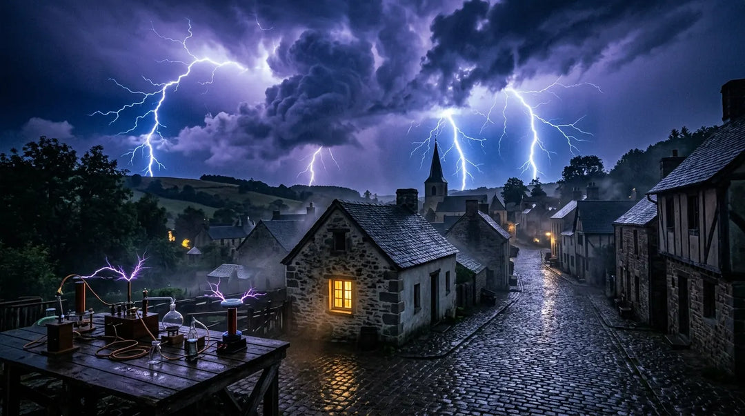 Dramatic lightning storm over a 19th-century European village with glowing cottage window, moody and cinematic