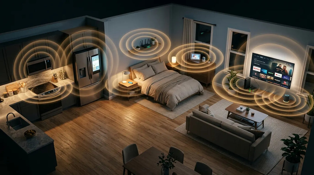 Modern home interior with multiple electronic devices emitting subtle glowing electromagnetic wave ripples