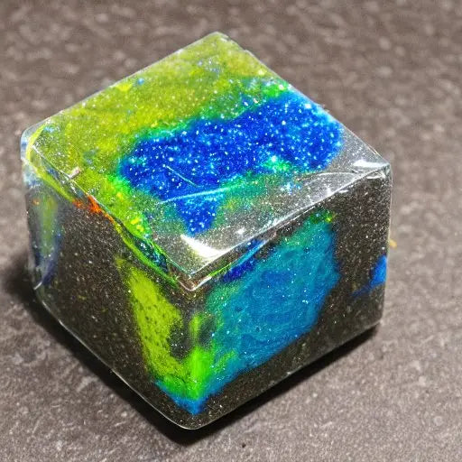 Colorful orgonite cube with lime green, blue, and teal glitter embedded in resin